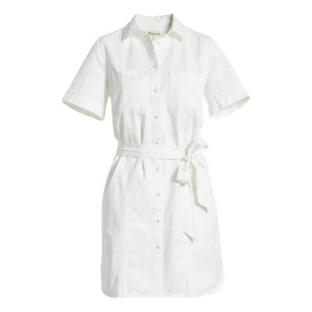 MADEWELL Courier Seamed Denim Tie Waist Denim Shirtdress, Sz M
